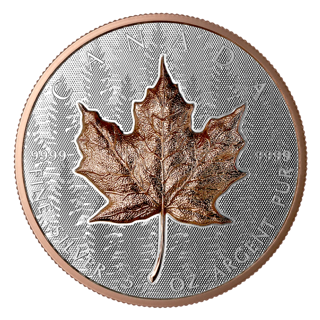 2025 5 oz Canada Silver Maple Leaf Ultra High Relief  Proof Coin with Rose Gold Plating