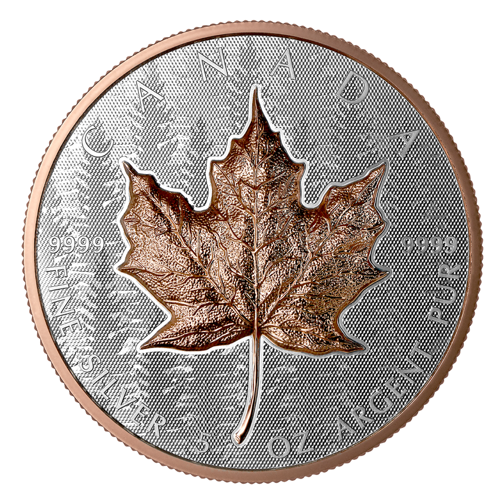 2025 5 oz Canada Silver Maple Leaf Ultra High Relief  Proof Coin with Rose Gold Plating